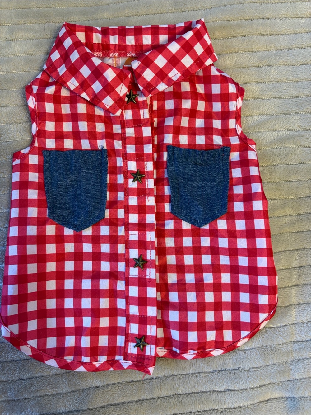 Red Gingham Dog Shirt with Denim Pockets - never worn, XS size